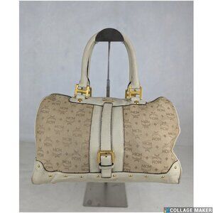 MCM Munchen Visetos Coated Canvas Bowler Monogram Beige Top Handle Charm BAG